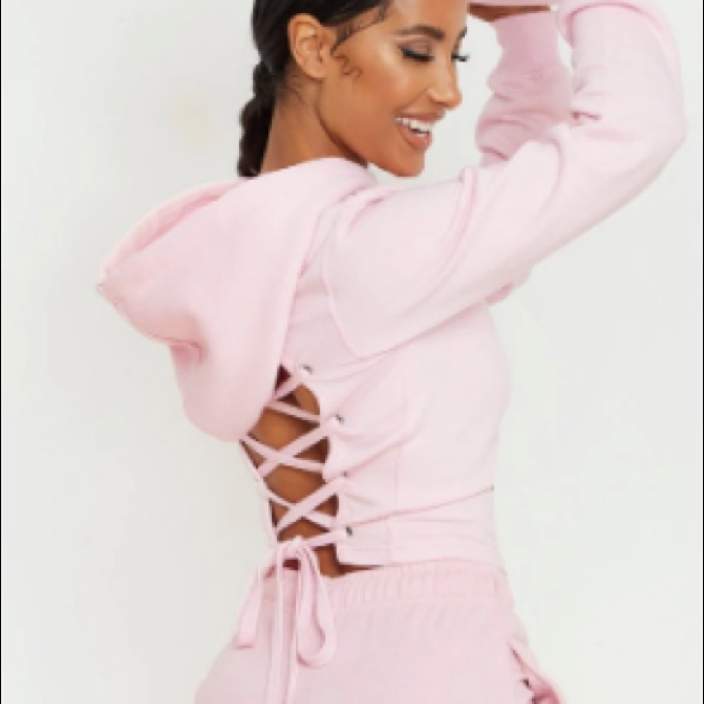 Baby Pink Lace Up Back Crop Hoodie